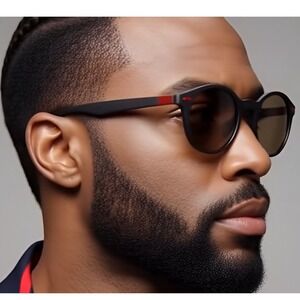 Mens Polarized Sunglasses Round Matte Black‎ Frame Brown Lens Red Accent Fancy